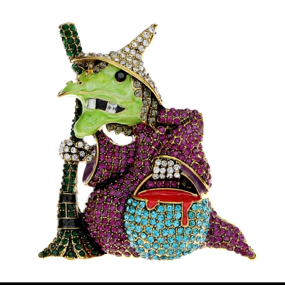 Witch brooch AMAZING Halloween pin crystals sparkly enamel gold brewing BIG vtg